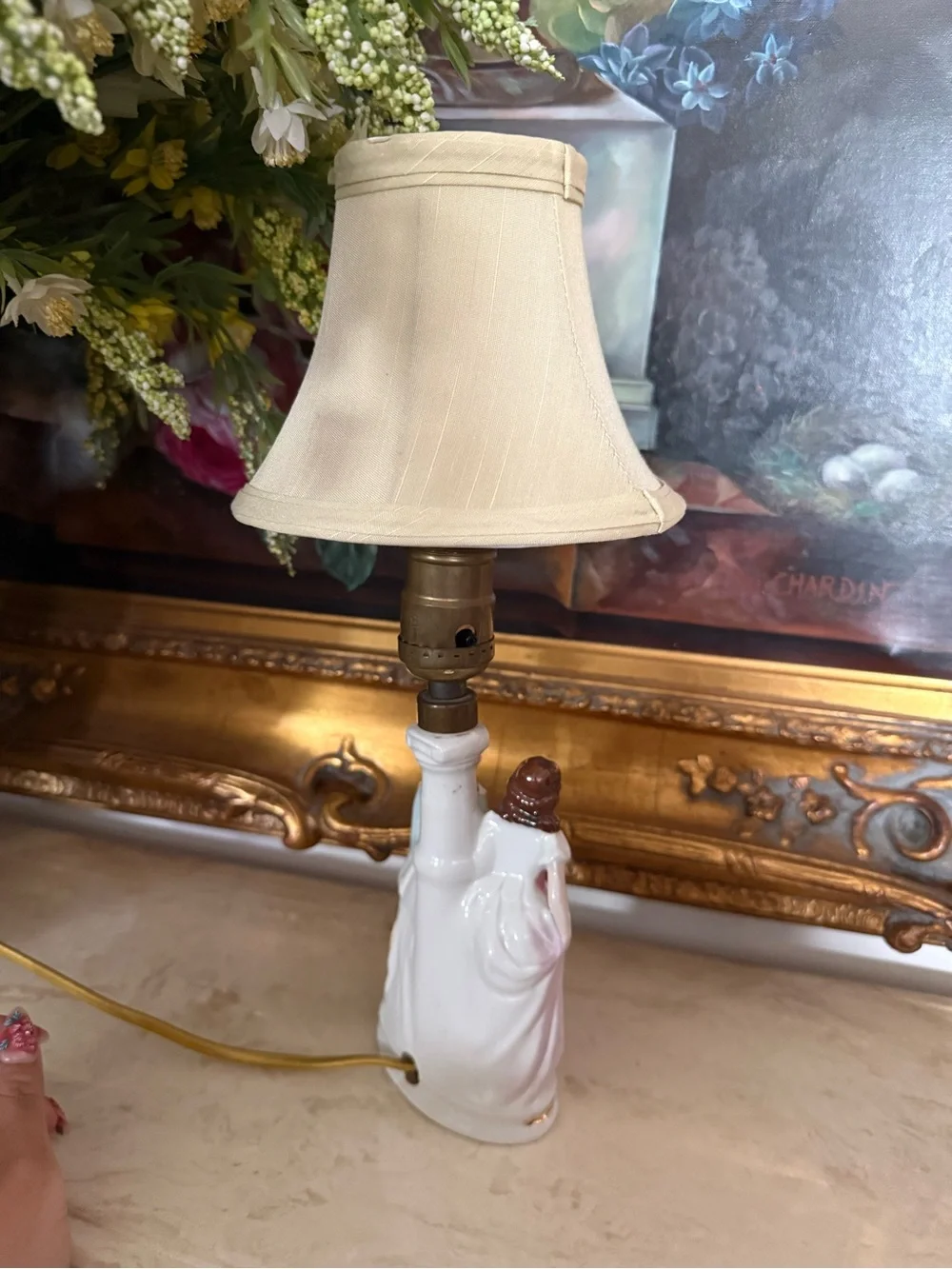 Porcelain Figurine Table Lamp in Cream, Pink and Blue - Unbranded